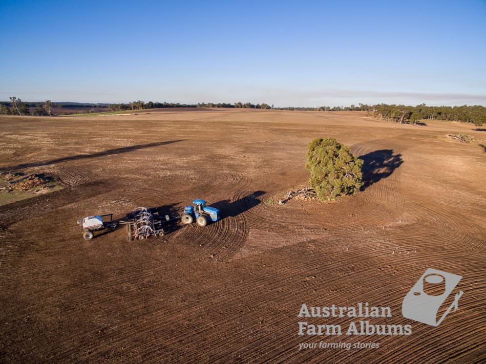 Australian Farm photo of tractor and airseeder aerial shot.